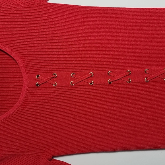 CARMEN MARC VALVO Ribbed Knit Half Sleeve Faux Corset Front Red Sweater Shirt Sm - Picture 3 of 14